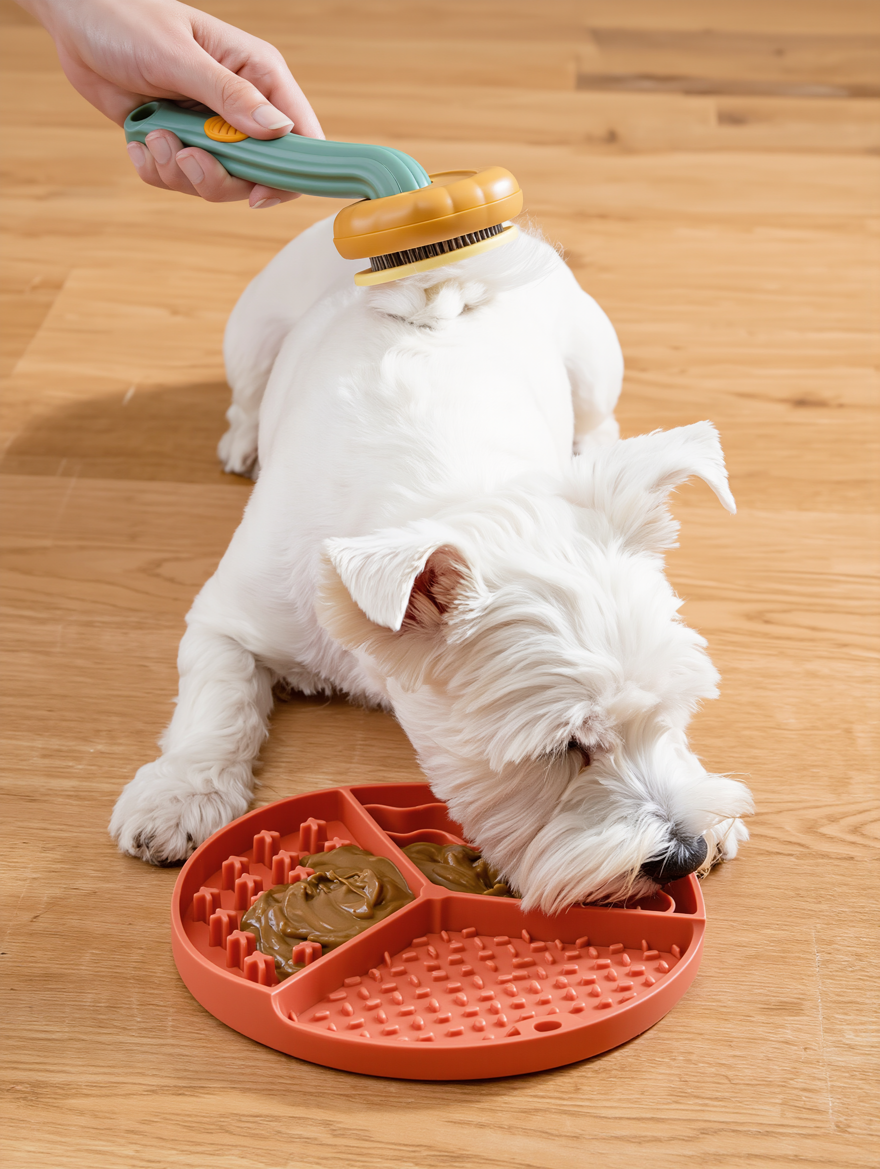 Hund mit Lick Mat und Bürste